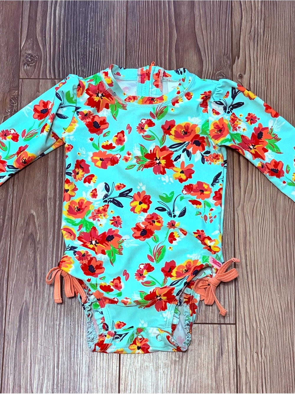 RuffleButts Painted Floral Long Sleeve Rash Guard One Piece Swimsuit 12-18M